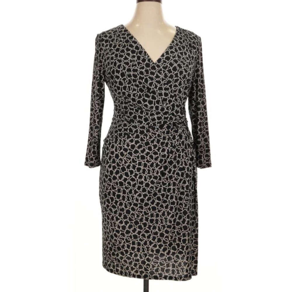 CHAPS Black White Geo Print Surplice Faux Wrap Stretch Dress 3/4 Sleeve Sz 16 W